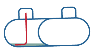 Two compartment tank, installed in the end tank, tilted away from the base tank.